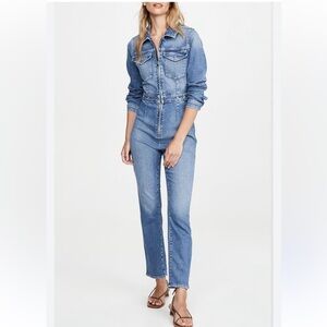 Good American women’s exposed zip denim long sleeve jumpsuit size 2